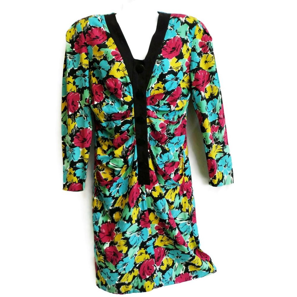 Chetta B Vintage 70s 80s Vibrant Floral Dress Pockets Union Tag Ruched Sheath 6